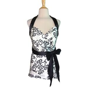 WHITE HOUSE BLACK MARKET Size 4 100% Silk Black White Surplice Halter Top Bow